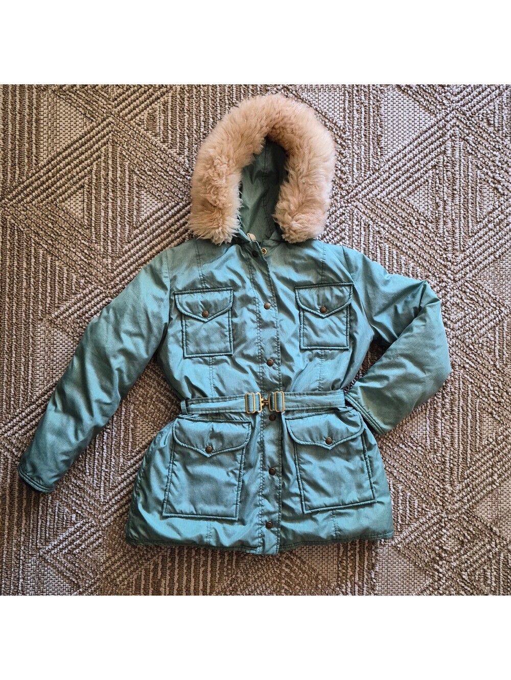 Vintage Women's 70's 80's Eddie Bauer Fur Trim Teal Down Parka Puffer M L